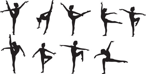 Ballet dancers in silhouette performing various graceful poses on a white background vector illustration