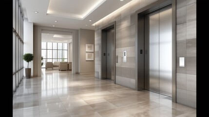 Fototapeta premium Modern elevator lobby with sleek design, large windows, and a contemporary aesthetic, perfect for showcasing urban architecture.
