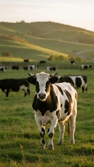 Black and White Cow Standing in a Lush Green Pasture with Rolling Hills in the Background