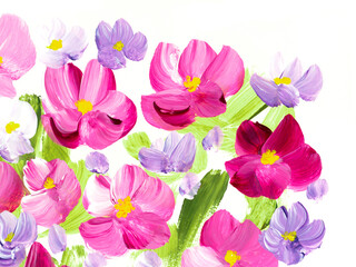 Abstract pink  flowers, original hand drawn, impressionism style, color texture, brush strokes of paint, white background.