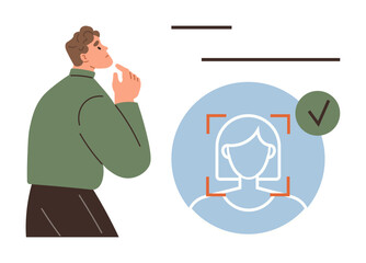 Male character thinking while assessing a face scan on a digital interface with a verification checkmark. Ideal for technology, biometrics, identity, authentication, decision-making, innovation
