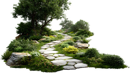 A flagstone path winding through a lush garden towards an unseen house entrance, isolated on a Transparent background