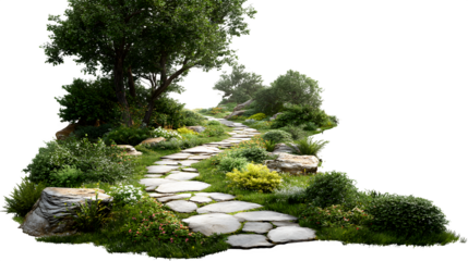 A flagstone path winding through a lush garden towards an unseen house entrance, isolated on a Transparent background