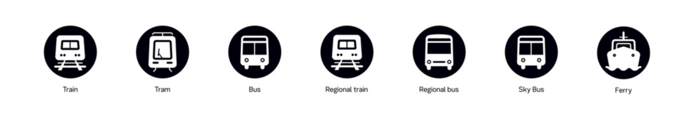 public transportation icon, trail, bus , tram, ferry © feipco