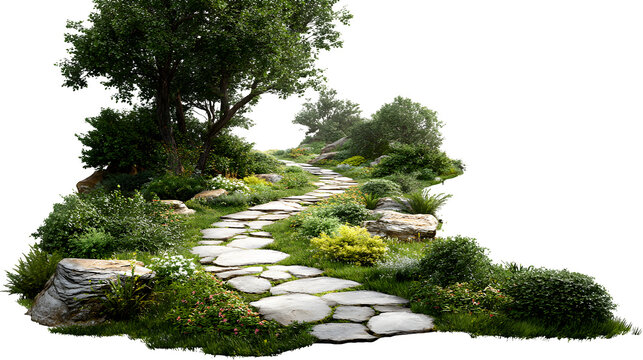 A flagstone path winding through a lush garden towards an unseen house entrance, isolated on a Transparent background