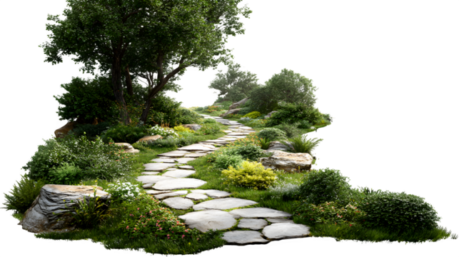 A flagstone path winding through a lush garden towards an unseen house entrance, isolated on a Transparent background