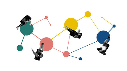 Bright composition of businesspeople floating across colorful network diagram. Concept of agile collaboration, startup scaling, visual branding, and coaching for innovation.