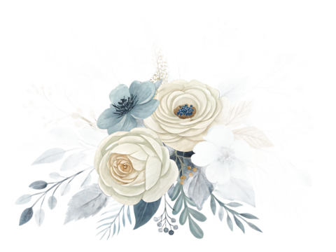 Elegant Floral Arrangement with White and Blue Flowers on Black Background Ideal for Wedding Invitations and Greeting Cards