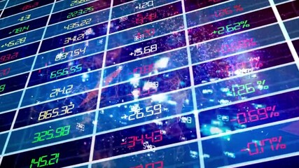 A grid of stock market data with fluctuating numbers and percentages displayed in neon colors - Powered by Adobe