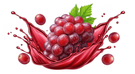 Red grapes splashing in juice isolated on transparent background