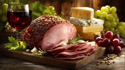 Sliced meat, cheese, and grapes with a glass of red wine on a wooden table.