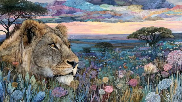 Lion watches savanna sunset in floral dreamscape