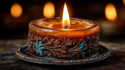 Elegant candle with intricate design and warm flame creating cozy ambiance in dark setting for relaxing and meditative moments