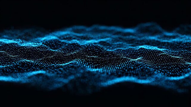 Abstract blue digital wave pattern made of glowing particles on a dark background