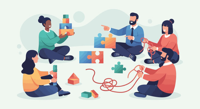 Diverse group of people collaborating, building blocks, and connecting puzzle pieces together to achieve a common goal.