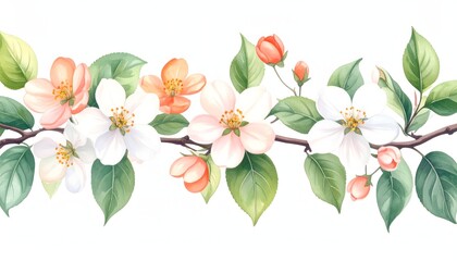 Naklejka premium A blooming branch with white-orange watercolor flowers