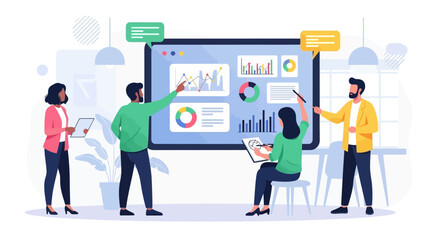Four colleagues analyze data charts and graphs displayed on a large screen during a business presentation in a modern office setting.