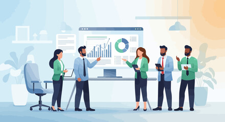 Obraz premium A diverse team of business professionals collaborating and analyzing data in a modern office environment.