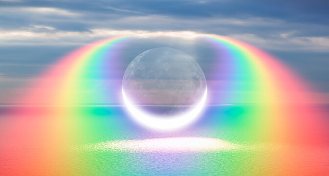 Abstract background of amazing crescent moon over the sea with rainbow at sunset