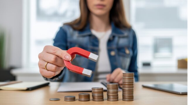 Businesswoman using red horseshoe magnet to attract stacked coins, symbolizing financial growth, investment strategy, and money magnet concept.
