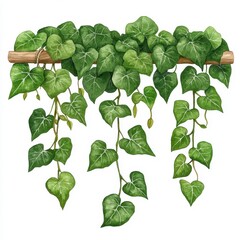 Lush Green Ivy Vines Cascading from Wooden Support Against White Background