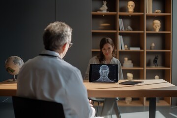 Doctor with patient using advanced facial recognition technology in modern consultation room