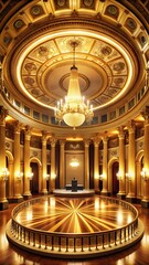 Obraz premium Grand ornate hall with a gilded chandelier and circular platform