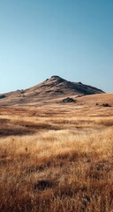 Mountain Peak Rising Above Golden Grassland Under Clear Blue Sky