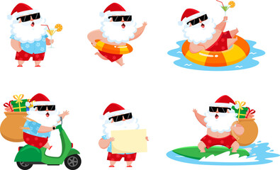 Summer Santa Claus In Different Poses. Vector Flat Design Collection Set Isolated On Transparent Background