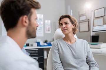 Fototapeta premium Confident patient discussing health concerns with doctor in bright, modern medical office setting