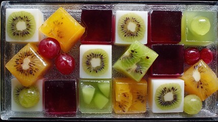 An array of square fruit jellies, with kiwi, grape, and melon arranged attractively