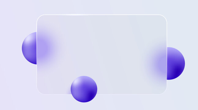 Website landing page template in glass morphism style. Frosted glass partition with floating spheres. Vector illustration