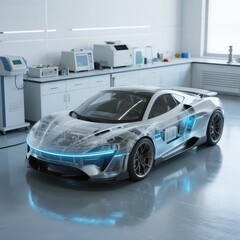 Obraz premium Futuristic Transparent Sports Car in a Laboratory Setting