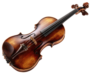 Violin, rich wood grain, angled view