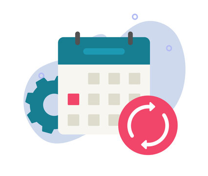 Time management icon, daily update task calendar automation flat vector graphic, booking reminder reschedule operation settings set up, repeated technical agenda sign image clip art
