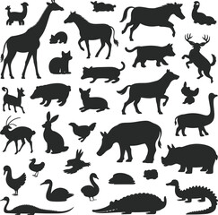 Animal Silhouette Collection, Wildlife Vector Icons, Farm and Zoo Animals, Domestic and Wild Creatures, Black Animal Shapes, Nature Illustration Set for Graphic Design