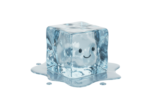 Isolated Smiling Ice Cube Character with Melting Puddle