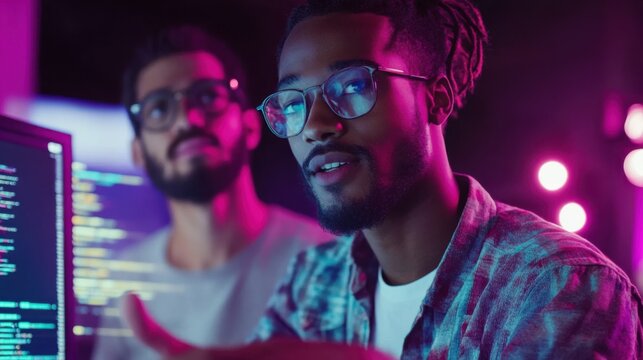 Focused software developers collaborating on code in vibrant studio environment