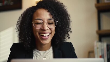 Excited Young Woman on Video Call Laughing, Working from Home, Business Meeting, Remote Work, Casual Elegant Style, Positive Emotions - Powered by Adobe