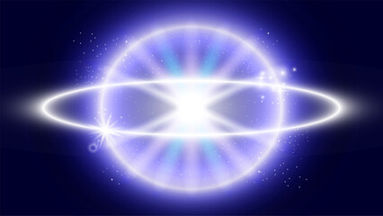 Futuristic glowing sphere with radiant energy rings and sparkling particles on a dark blue background. Hi-tech style illustration ideal for sci-fi, innovation, and digital technology concepts.