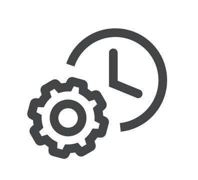 Time manage working setup icon line stroke simple, watch with cog wheel as maintenance duration planning sign symbol logo outline linear thin pictogram, development operation schedule image
