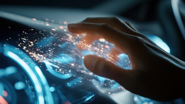 Close-up of hand using futuristic car touchscreen. Advanced technology.