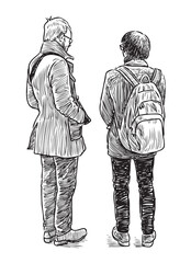 Two young modern casual city men friends standing talking, realistic sketch, vector hand drawing, white background