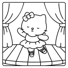 A cute little cat shows off her ballet skills on stage, easy coloring for kids, vector, illustration, coloring book, coloring page, cozy, cute, bold, comfy, pet