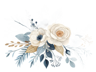 Elegant Watercolor Floral Arrangement with White Roses and Blue Accents for Wedding Invitations and Decorative Design Elements
