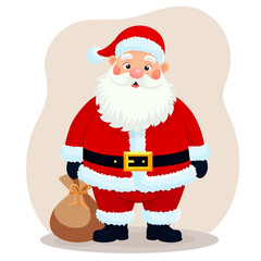 Cute Santa Claus character in traditional red suit holding a gift bag. Merry Christmas and New Year holiday illustration. Perfect for greeting cards, web, and festive design.