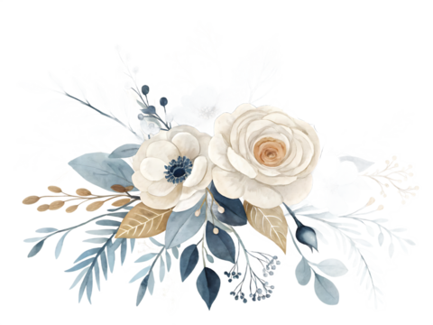 Elegant Watercolor Floral Arrangement with White Roses and Blue Accents for Wedding Invitations and Decorative Design Elements