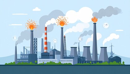 Obraz premium Flat vector of steel factory with orange sparks flying and heavy gray smoke rising, factory silhouettes layered with air quality and pollution warning icons.