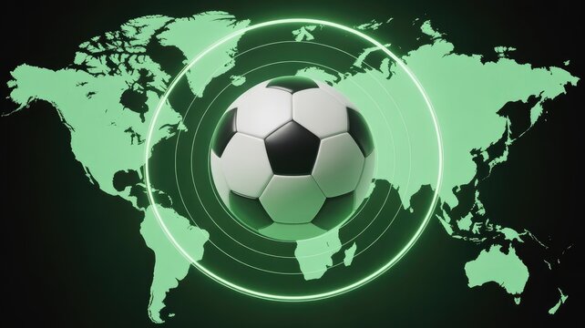 Soccer ball centered on glowing green world map with concentric circles 2025 2026 football world cup image poster banner label social media post