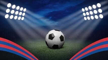 Soccer ball on green field under stadium lights with blue and red ribbons 2025 2026 football world cup image poster banner label social media post